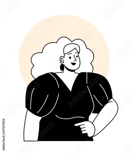 Minimalist user avatar concept. Young girl in black dress. Fashion, trend and style. Sticker for social media and messengers. Linear flat vector illustration isolated on white background