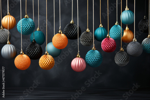 Winter holiday christmas concept background greeting card - Closeup of knitted hanging christmas trees on string, background black concrete wall 