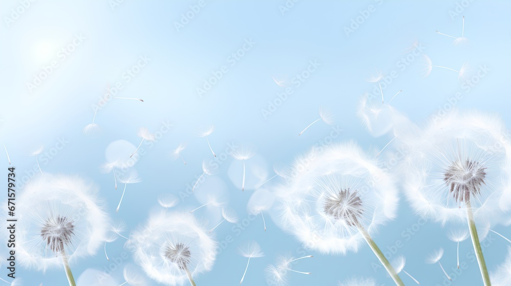 Dandelion fluff background for aesthetic minimalism style background. Light blue color wallpaper with elegant and light flying fluffs on empty wall. Fragile, lightweight and beautiful nature backdrop. - obrazy, fototapety, plakaty 