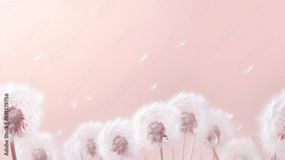 Dandelion fluff background for aesthetic minimalism style background. Blush pink color wallpaper with elegant and light flying fluffs on empty wall. Fragile, lightweight and beautiful nature backdrop. - obrazy, fototapety, plakaty 