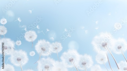 Dandelion fluff background for aesthetic minimalism style background. Light blue color wallpaper with elegant and light flying fluffs on empty wall. Fragile, lightweight and beautiful nature backdrop. photo