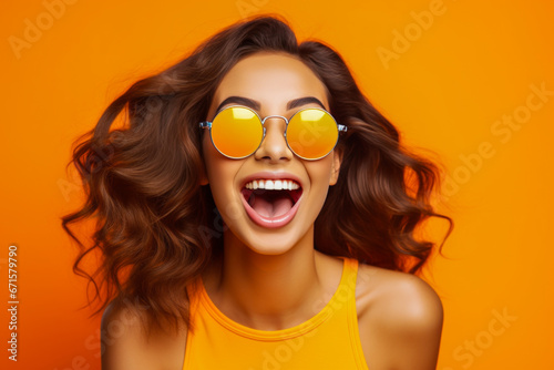 Slika na platnu Exultant woman with opaque orange glasses.