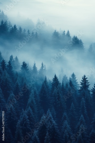 Panoramic view of misty foggy mountain landscape with fir forest  morning fog. Evanescent atmosphere in the woods wrapped in mist. Vintage retro hipster style