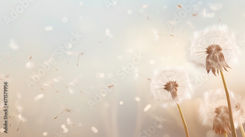 Dandelion fluff background for aesthetic minimalism style background. Beige, neutral and pastel color wallpaper with elegant and light flying fluffs. Fragile and lightweight. #671579956