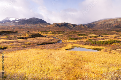Typical landscape in Jotunheim National Park in Norway during autumn time in the Beitostølen area overlooking the Leirungsae River