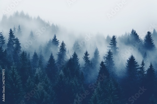 Panoramic view of misty foggy mountain landscape with fir forest, morning fog. Evanescent atmosphere in the woods wrapped in mist. Vintage retro hipster style © ratatosk