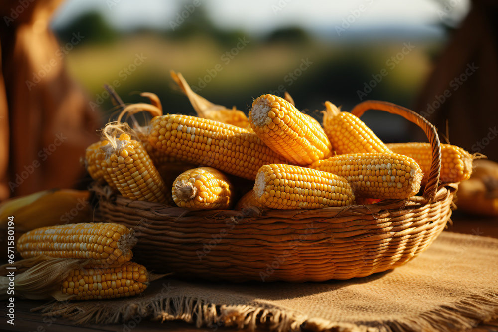 Thansgiving Erntedank agriculture harvest banner - Pumpkins and corn on the cob in a basket with defocused landscape field in the background 