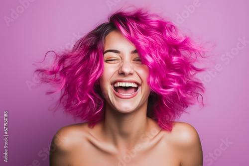 Gentle woman with pink hair, bare shoulder, closed eyes, open mouth