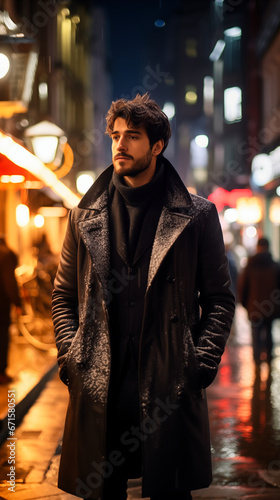 Handsome young man in a black coat in the city at night