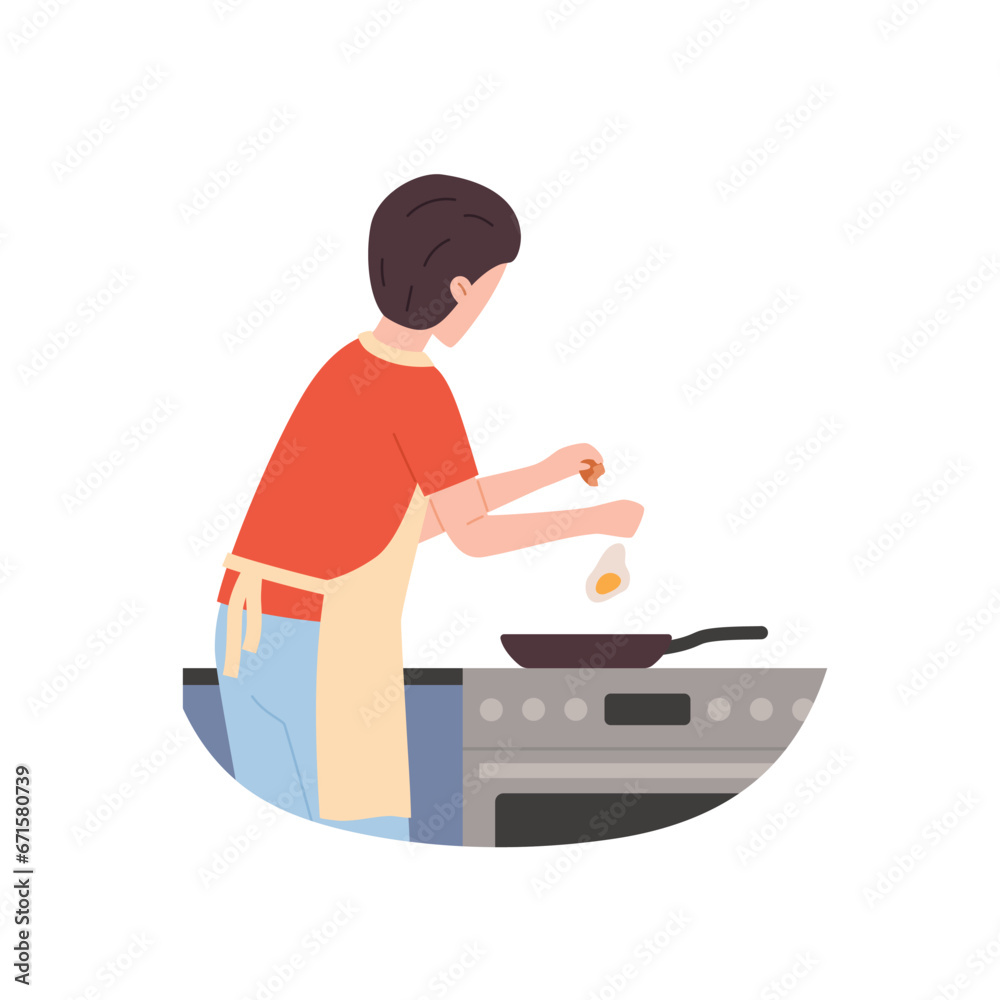 Cartoon man in an apron fries eggs for breakfast, people enjoying cooking food at kitchen vector isolated illustration Cartoon man in an apron fries eggs for breakfast, people enjoying cooking food at kitchen vector isolated illustration