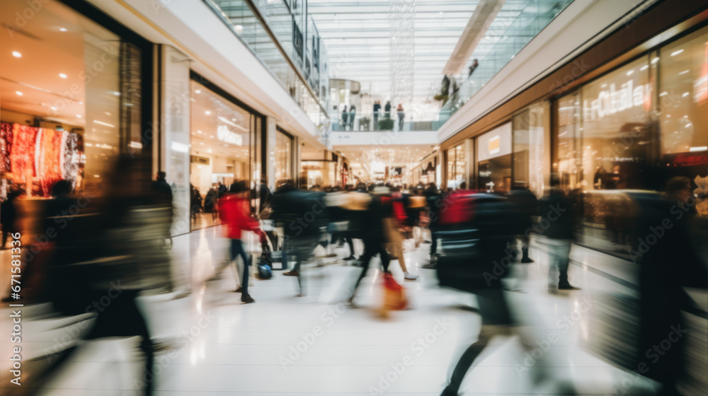 Blurred people inside shopping mall during black friday - Defocused photo - Model by AI generative