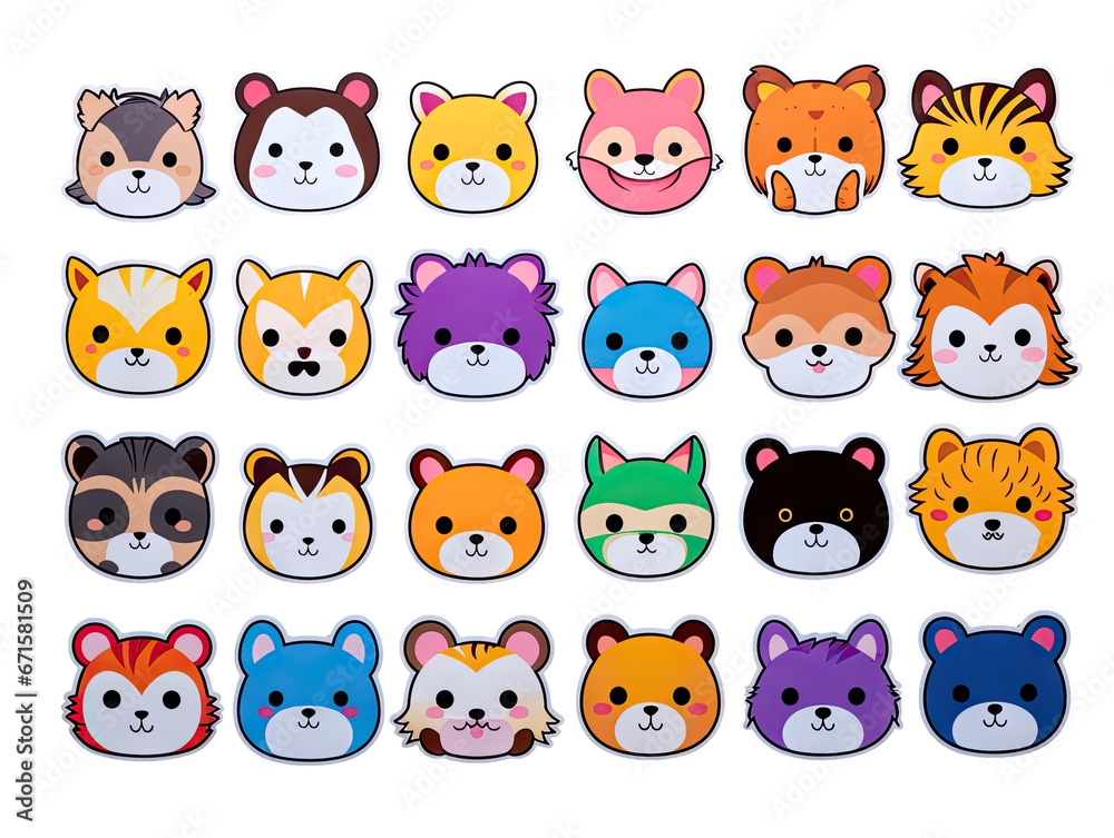 Cute stickers with cats isolated on transparent background. Set of flat cartoon kawaii cats in different poses. Collection of Cat faces, heads, icons, emoji. Kitten in full growth.