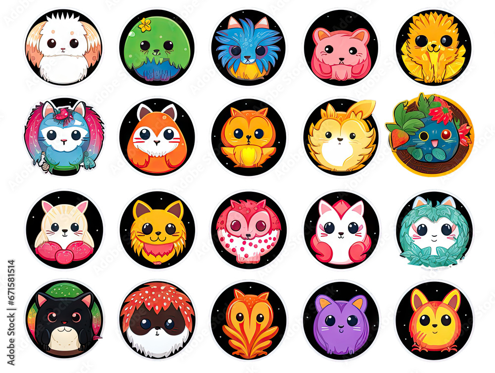 Set of fun kawaii animal stickers for decoration of all kinds on transparent background.