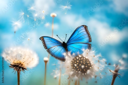 Natural pastel background. butterfly and dandelion. Seeds of a dandelion flower on a background of blue sky with clouds