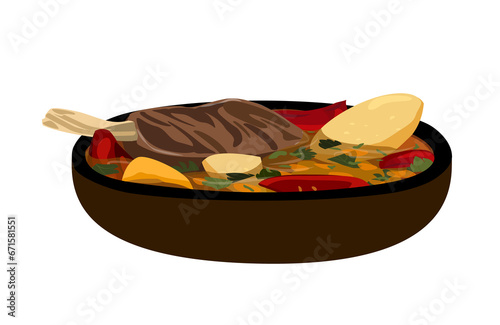 Khashlama with lamb or veal meat and rich broth.Soup with veal,potato,tomatoes.Tasty meat meal of Georgian,Armenian traditional cuisine isolated, white background.Hot dish in bowl.Vector illustration
