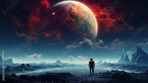 Fototapeta Naklejka Na Ścianę i Meble -  Spaceman silhouette on stunning alien planet background. AI generated.