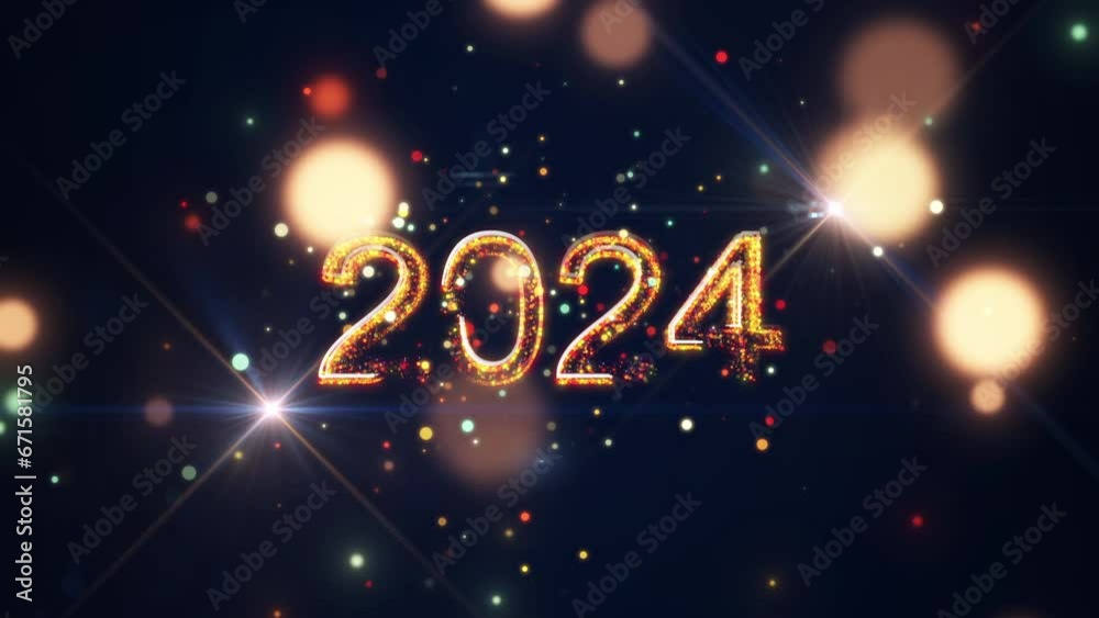 Happy new year 2024. The number 2024 consists of small particles of multicolored in the center. On a pink and blue background, there are polygons scattered around it. New year festival celebration.