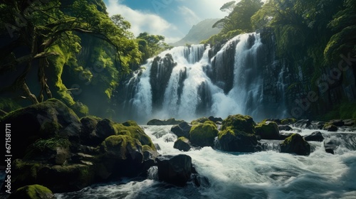Stunning waterfall in wild jungles. AI generated.
