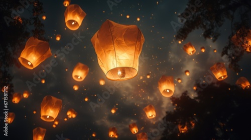 A large group of Chinese paper lanterns. AI generated.