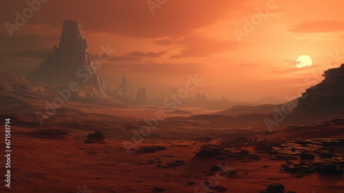 Beautiful sunset on Mars landscape. AI generated.