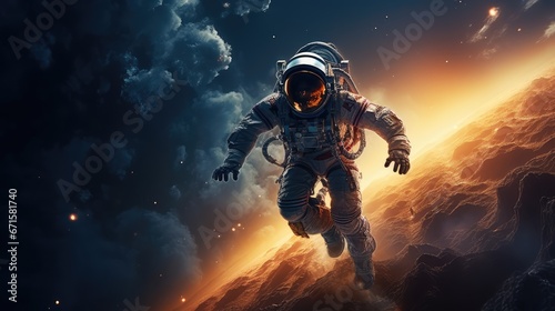 Flying spaceman in beautiful space. AI generated. © Viktor
