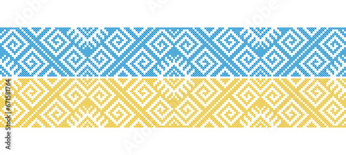 Ukrainian flag pattern. Vector ornament, decorative border, background. Ukrainian flag decoration in yellow and blue colors. Pixel art, vyshyvanka, cross stitch