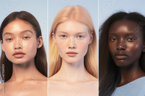 Retrato de mujeres jovenes de diferentes etnias con la piel limpia y cuidada sobre fondo neutro. Concepto cuidado de la piel. photo