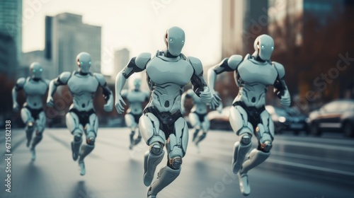 Artificial intelligence 3D robots running in futuristic cyber space metaverse background, digital world smart city technology © zayatssv