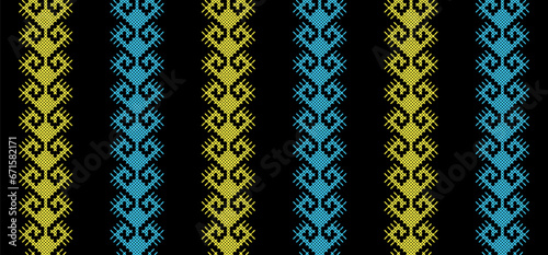 Ukrainian striped print. Vector stripes seamless pattern for textile, fabric, cloth. Traditional folk, ethnic ornament in yellow and blue colors. Pixel art, vyshyvanka, cross stitch