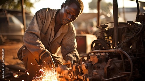 A Zambian man burns off dead grass as part of a community education programAfrica, Zambia, Livingstone, Detail of Land Rover engine's crank case in Foley's Land Rover garage near Victoria Falls
 photo