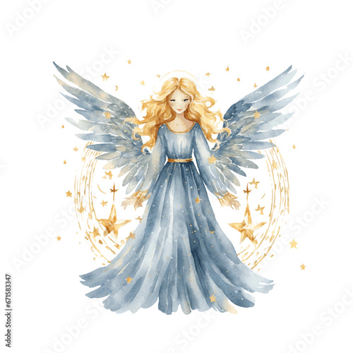Christmas night angel with wings watercolor paint for holiday greeting card decor on white