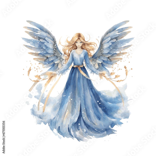 Christmas night angel with wings watercolor paint for holiday greeting card decor on white