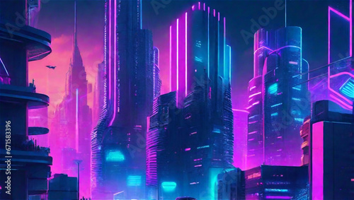 The city of the future, full of high-rise buildings, is full of neon lights.(Generative Ai)