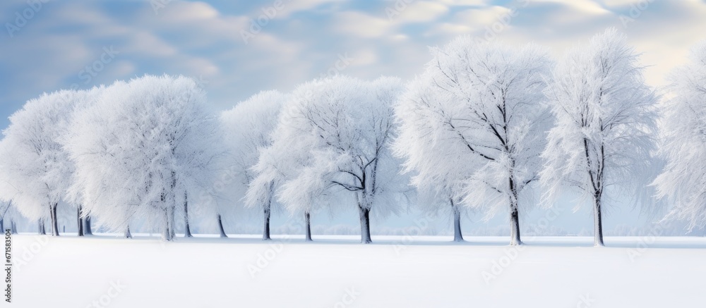 Snow covered towering trees a wintery scene of the natural world - obrazy, fototapety, plakaty 