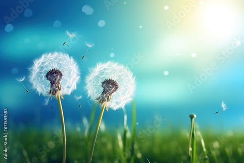 two Dandelions in the wind in the meadow