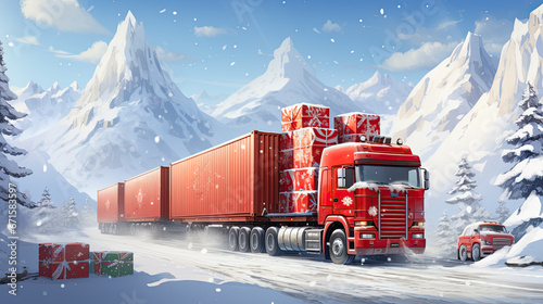 Santa Claus secret base, filling container trucks with presents