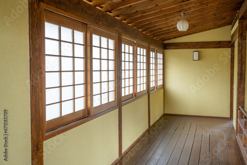 closeup of traditional wooden Japanese house