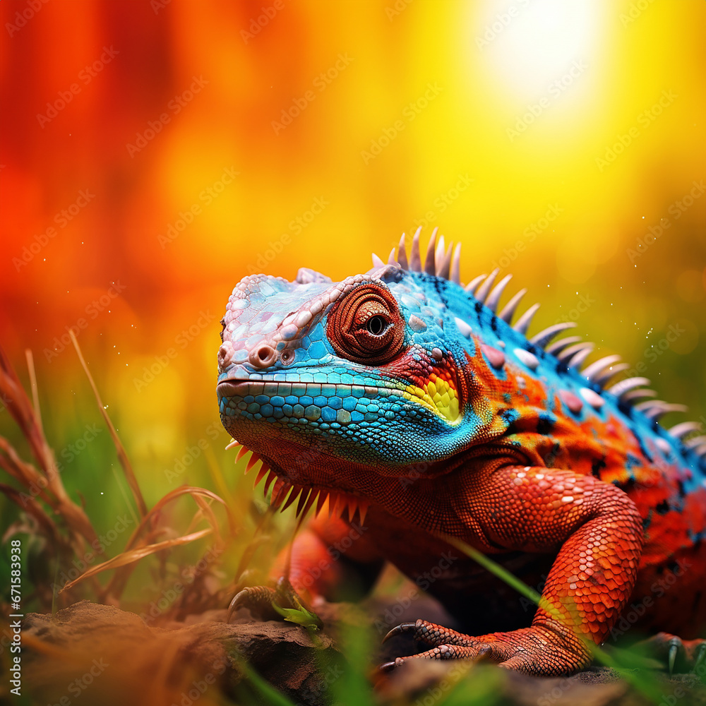 The close up portrait of the colorful chameleon lizard hangs on the tree branch. Generative AI.