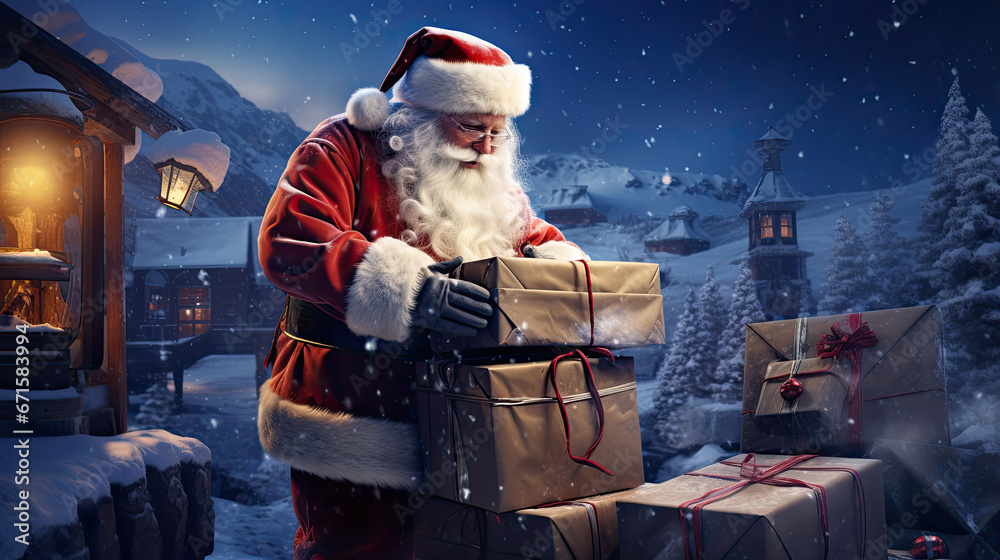 Santa Claus secret base, filling container trucks with presents - obrazy, fototapety, plakaty 