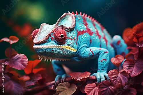 The close up portrait of the colorful chameleon lizard hangs on the tree branch. Generative AI. © Surachetsh