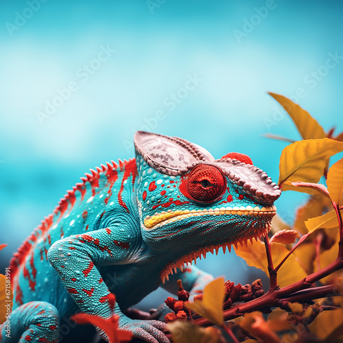 The close up portrait of the colorful chameleon lizard hangs on the tree branch. Generative AI. photo