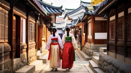 Back of two woman wearing hanbok walking through the traditional style houses of Bukchon Hanok Village in Seoul, South Korea.

