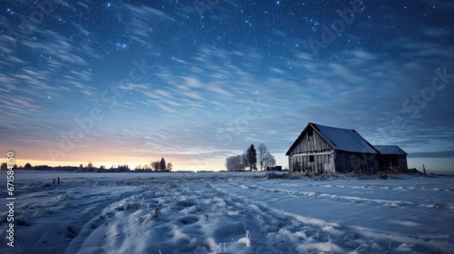 Barn at winter, starry sky, Finland, Europe. 