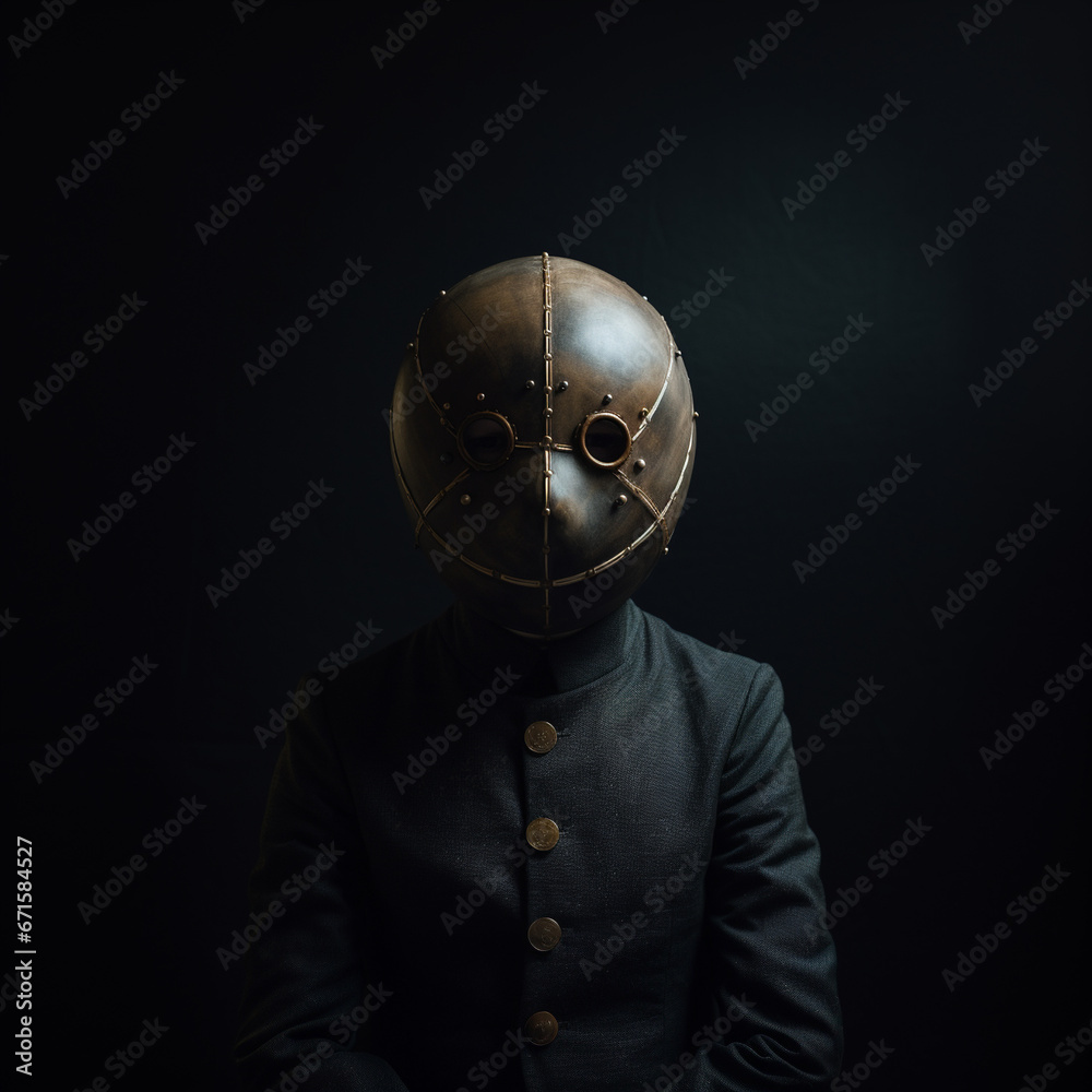 A person wearing a spherical mask