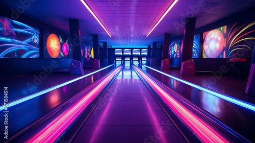bowling alley lane with neon lights, copy space, 16:9 photo