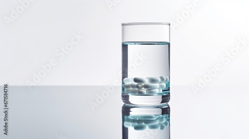 Glass of water and pills on white background. Selective focus. photo