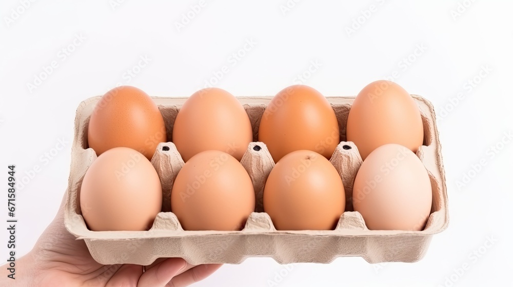 Box of brown eggs in hand on white background isolation
