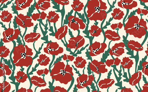 Floral background - abstract shapes of red poppy flowers. Vector seamless pattern in retro aesthetic minimalistic style.