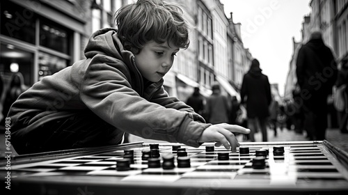 Boy playing game of checkers, Brussels, Belgium 