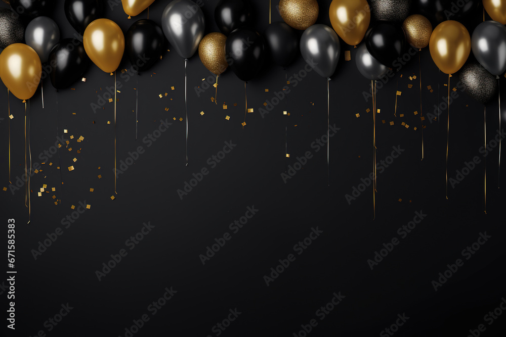minimalist black party  background with a black and golden ballons with empty copy space - obrazy, fototapety, plakaty 